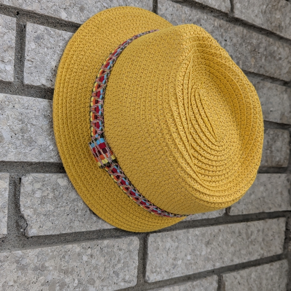 Sunny Yellow Fedora Straw Hat Magid Women’s Woven Colorful Band One Size EUC